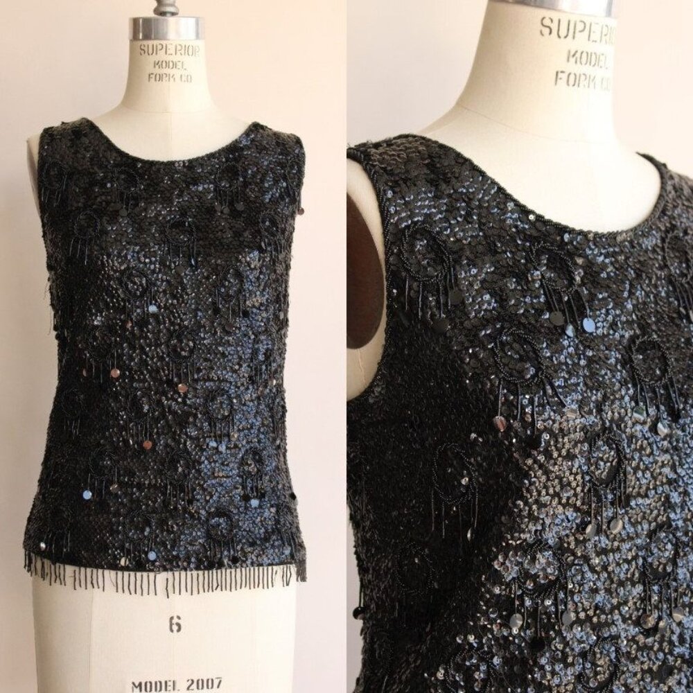 Vintage 1960s Womens Top, Forecast Shops Beaded and Sequined Sweater Blouse, - Picture 1 of 10